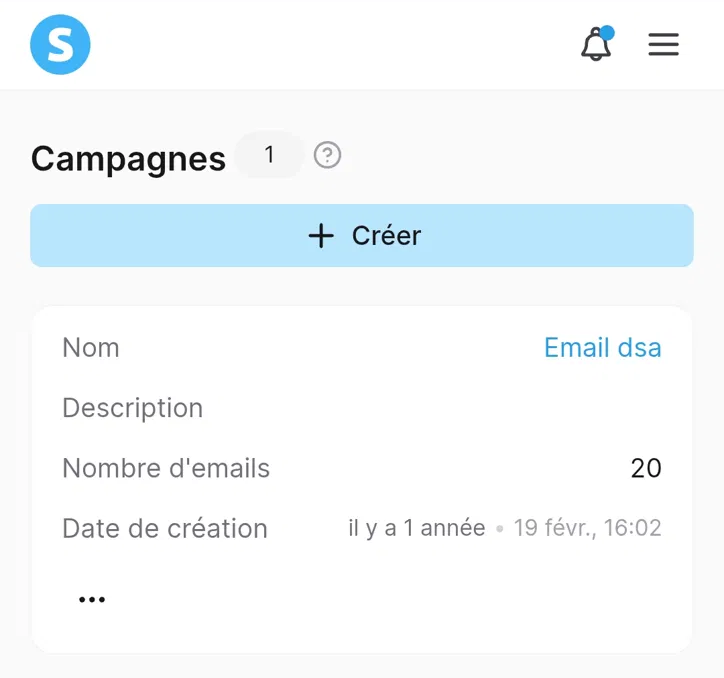 Écran Campagnes de mon compte Systeme.io : une campagne de 20 emails